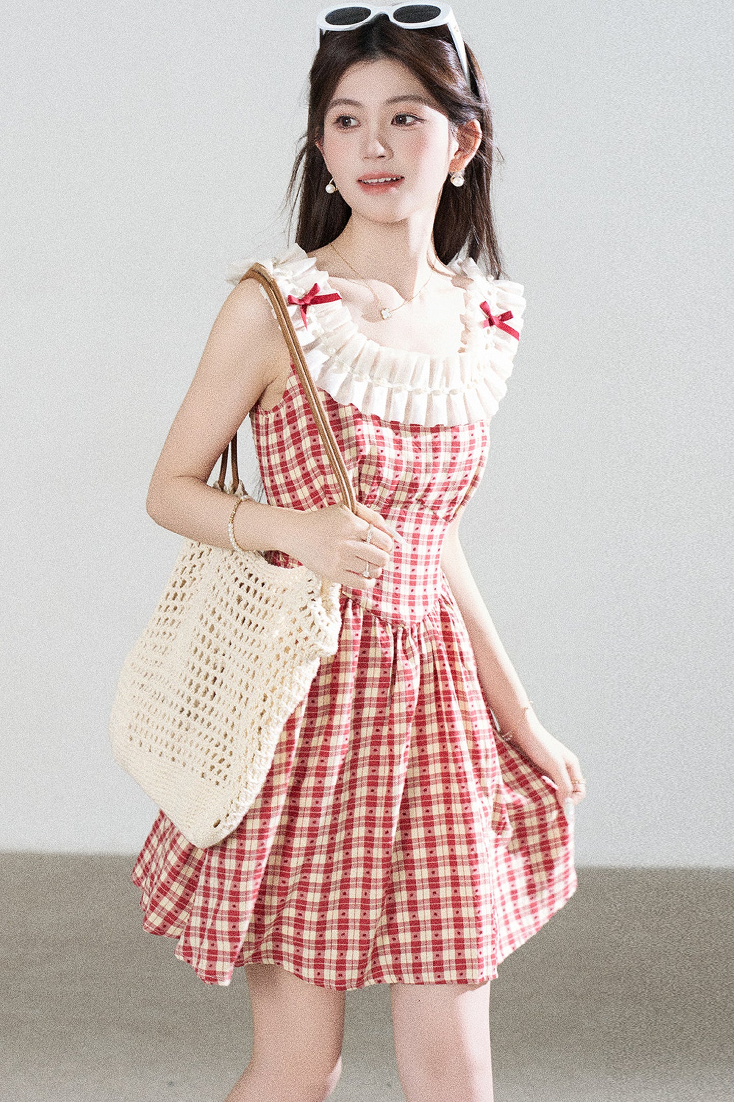 Red Plaid Sleeveless Ruffle Dress
