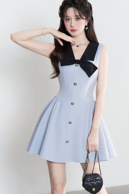 Blue Sleeveless Collar Bow Dress