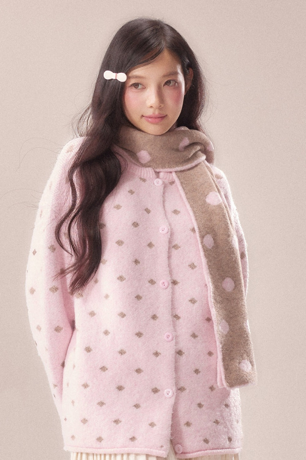 Polka Dot Scarf Knit Cardigan