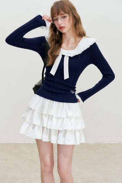 Doll Collar Detachable Bow Knit Top