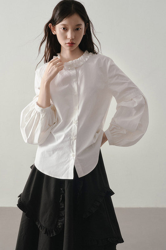 White Ruffled Collar Lantern Sleeve Blouse
