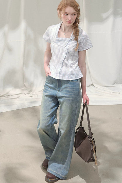 Square-Neck Plaid Blouse