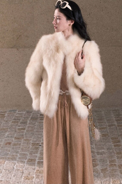 Lace Knit Long-Sleeve Top and Drape Velvet Straight-Leg Pants Set-Up