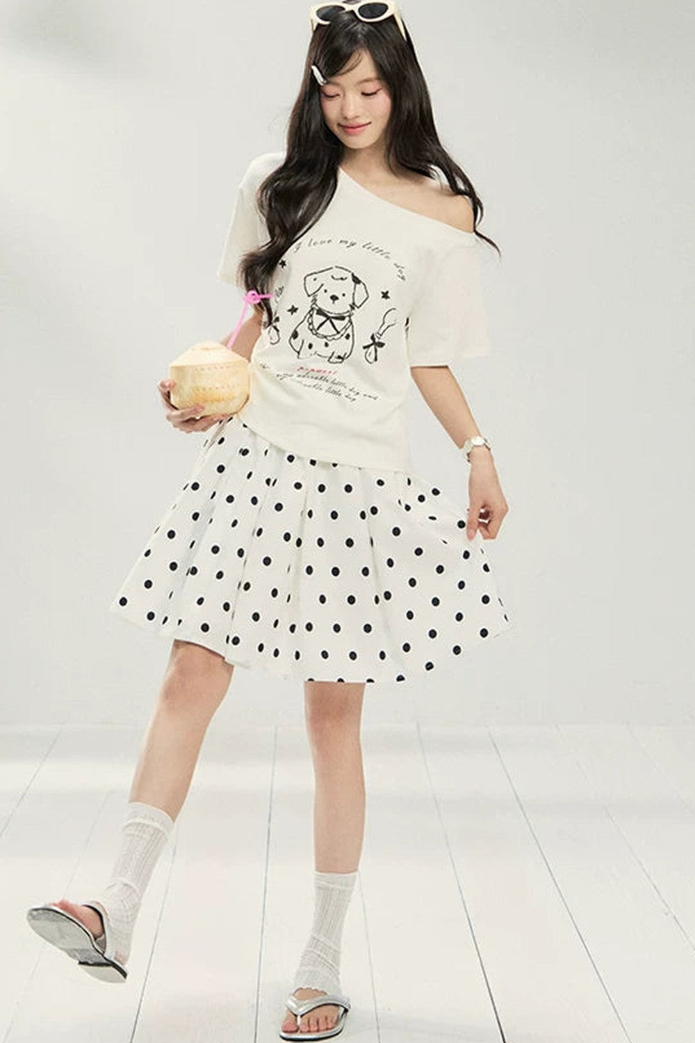 White Puppy Print Off-Shoulder Tee