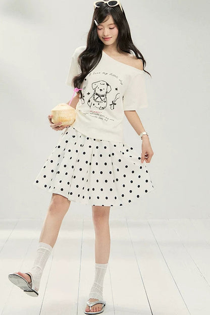 White Puppy Print Off-Shoulder Tee