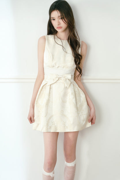 Beige Jacquard Bow Dress