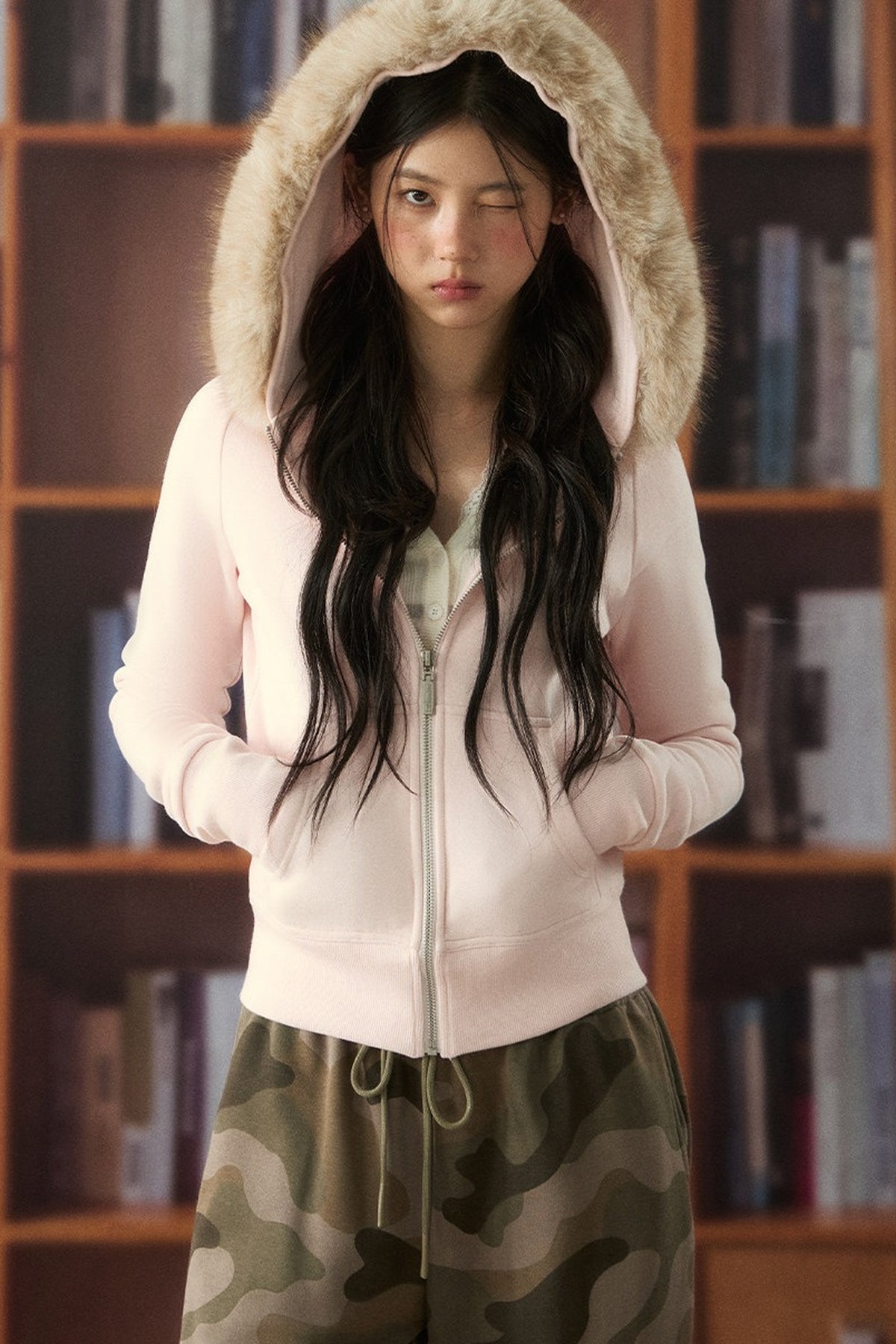 Pink Fur Trim Zip Hoodie