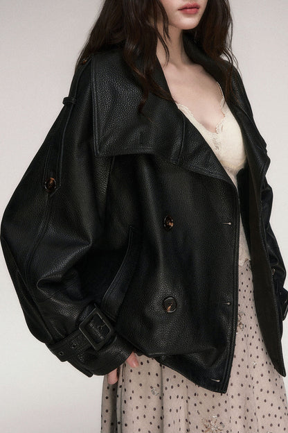 Lederjacke mit lockerer Silhouette und zweireihiger Knopfleiste