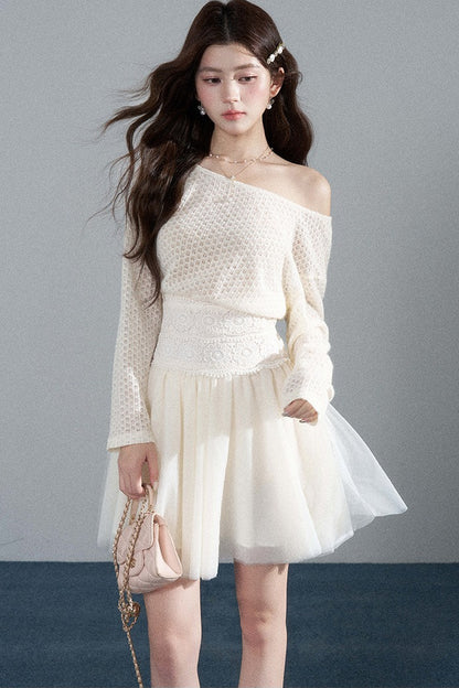 French Hollow-Out Lace Off-Shoulder Dress