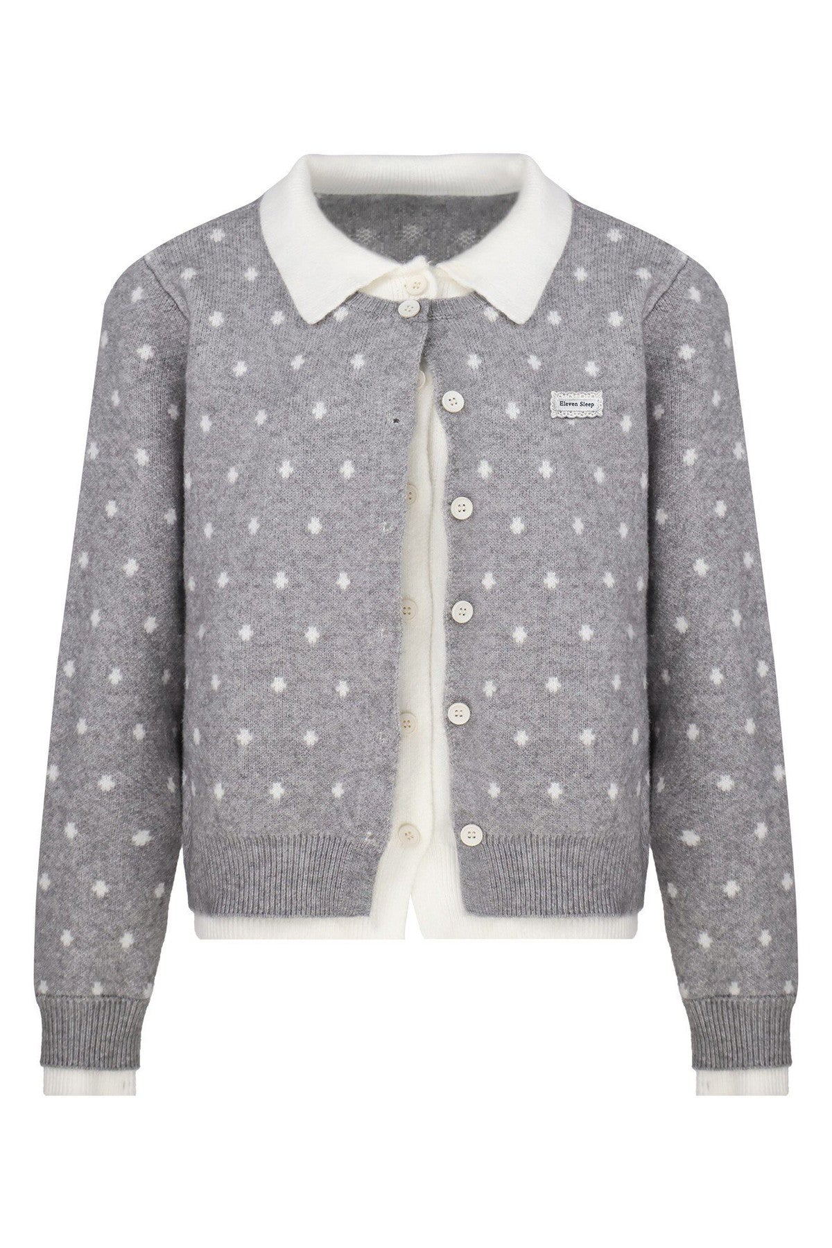 Polka Dot Knit Cardigan and Gray Trousers