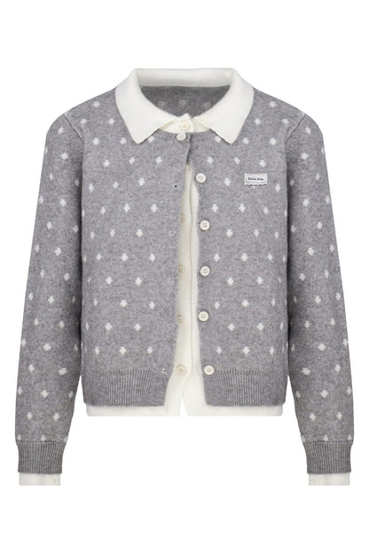 Polka Dot Knit Cardigan and Gray Trousers