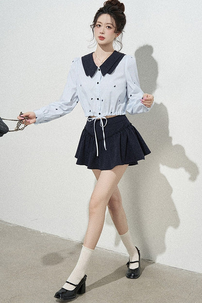 Doll Collar Drawstring Long-Sleeve Shirt and Skirt Set-Up