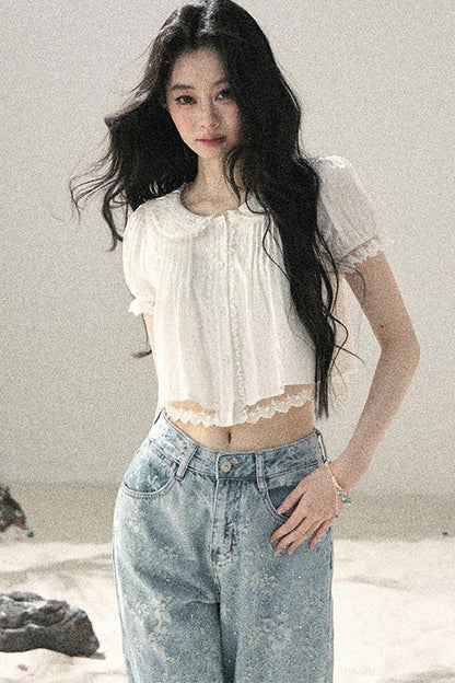 French Style Lace Puff Sleeve Blouse