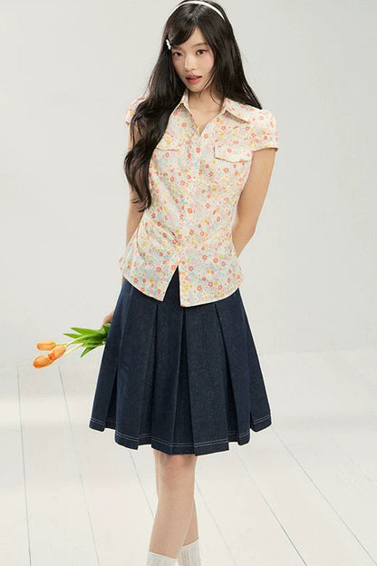 Retro Floral Collar Top and Skirt Set