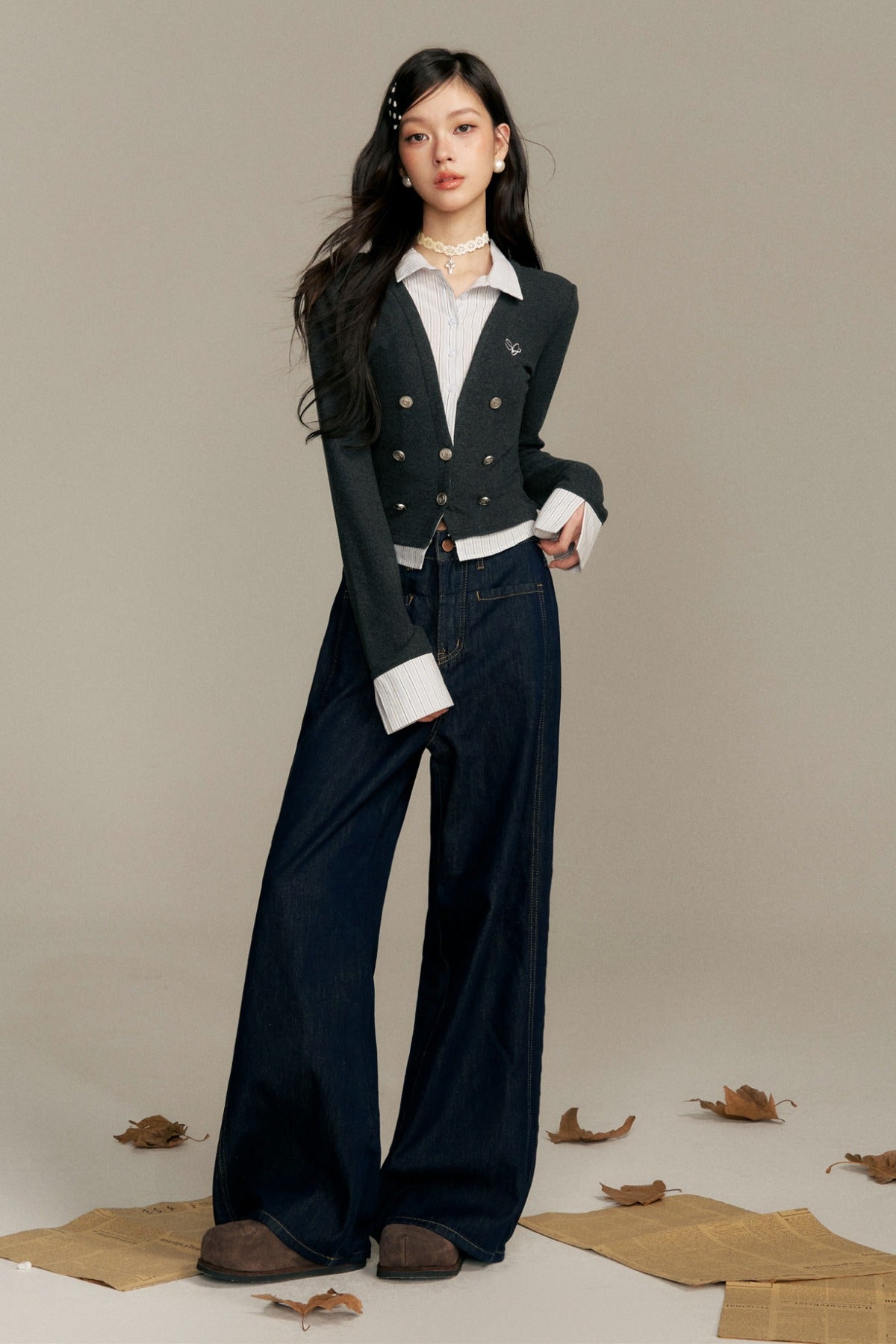 Double-Breasted Layered-Look Knit Top