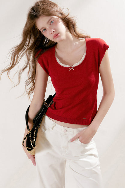 Lace Trim Square Neck Short Sleeve Knit Top