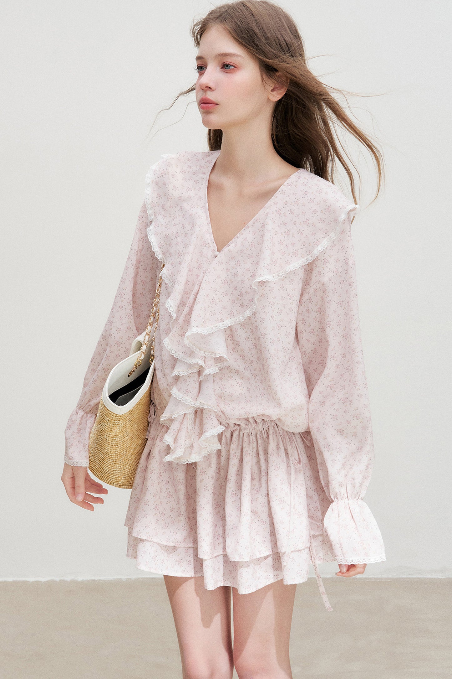 Floral Ruffle V-Neck Long-Sleeve Dress