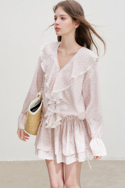 Floral Ruffle V-Neck Long-Sleeve Dress
