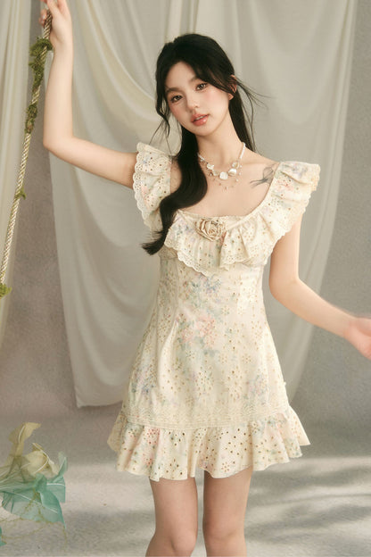 Floral Ruffle V-Neck Bow Short Dress