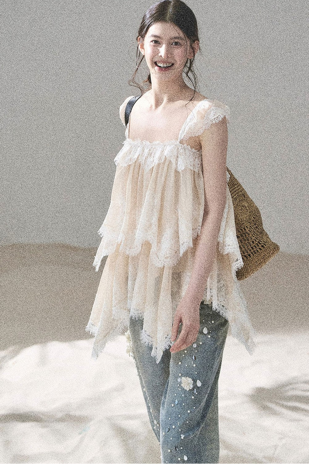 Asymmetric French Lace Mesh Top Set