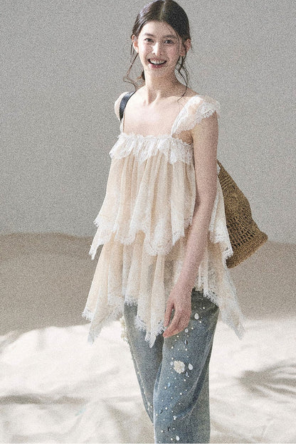 Asymmetric French Lace Mesh Top Set