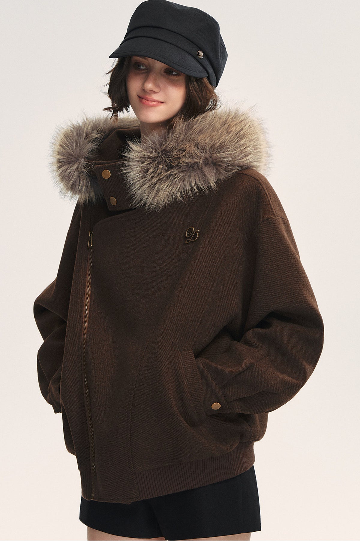 Asymmetrical Zipper Fur Collar Hooded Coat