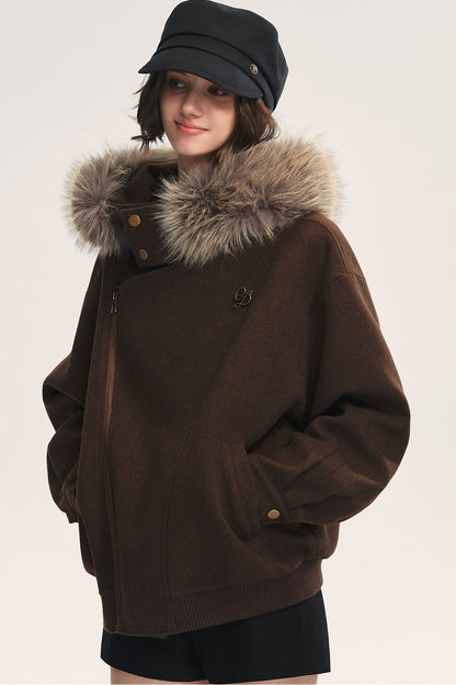 Asymmetrical Zipper Fur Collar Hooded Coat