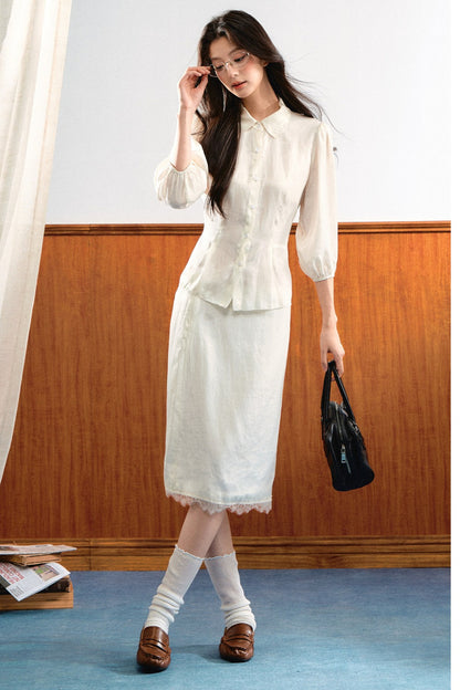 Lace Trim Puff Sleeve Top and Skirt Set-Up