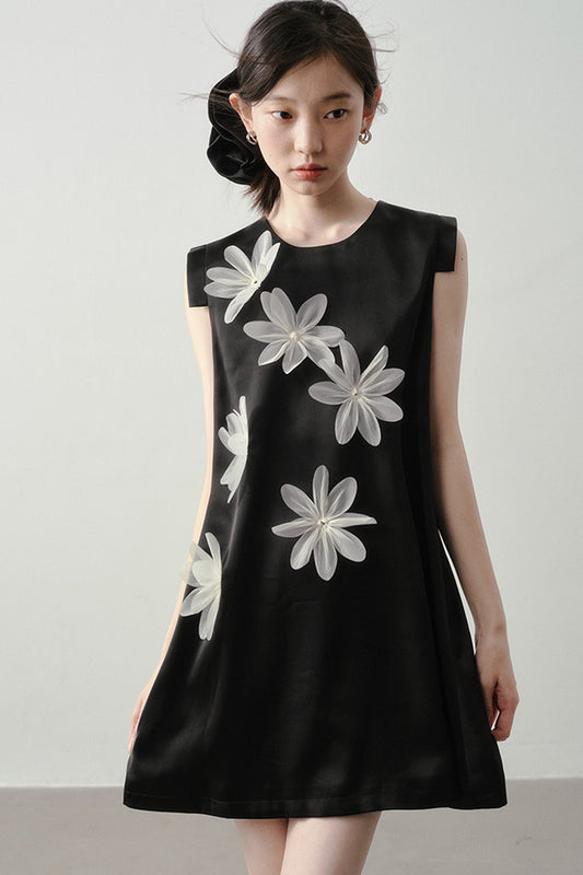 3D Floral Appliqué Satin Sleeveless Dress