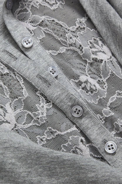 Lace Drape Collar Long-Sleeve Knit Top
