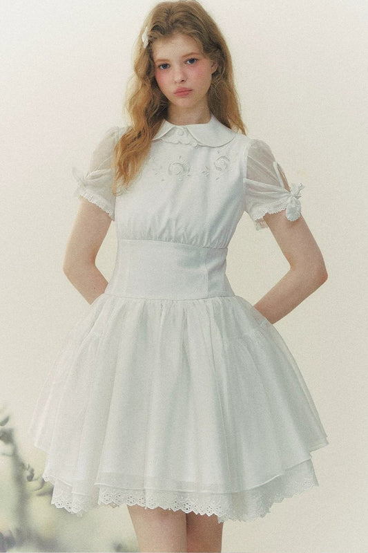 White Rose Embroidered Princess Midi Dress