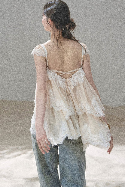 Asymmetric French Lace Mesh Top Set