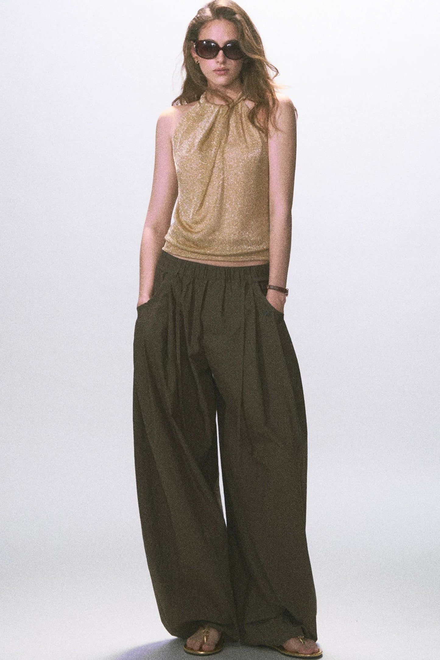 Wrinkled Twill Wide-Leg Pants