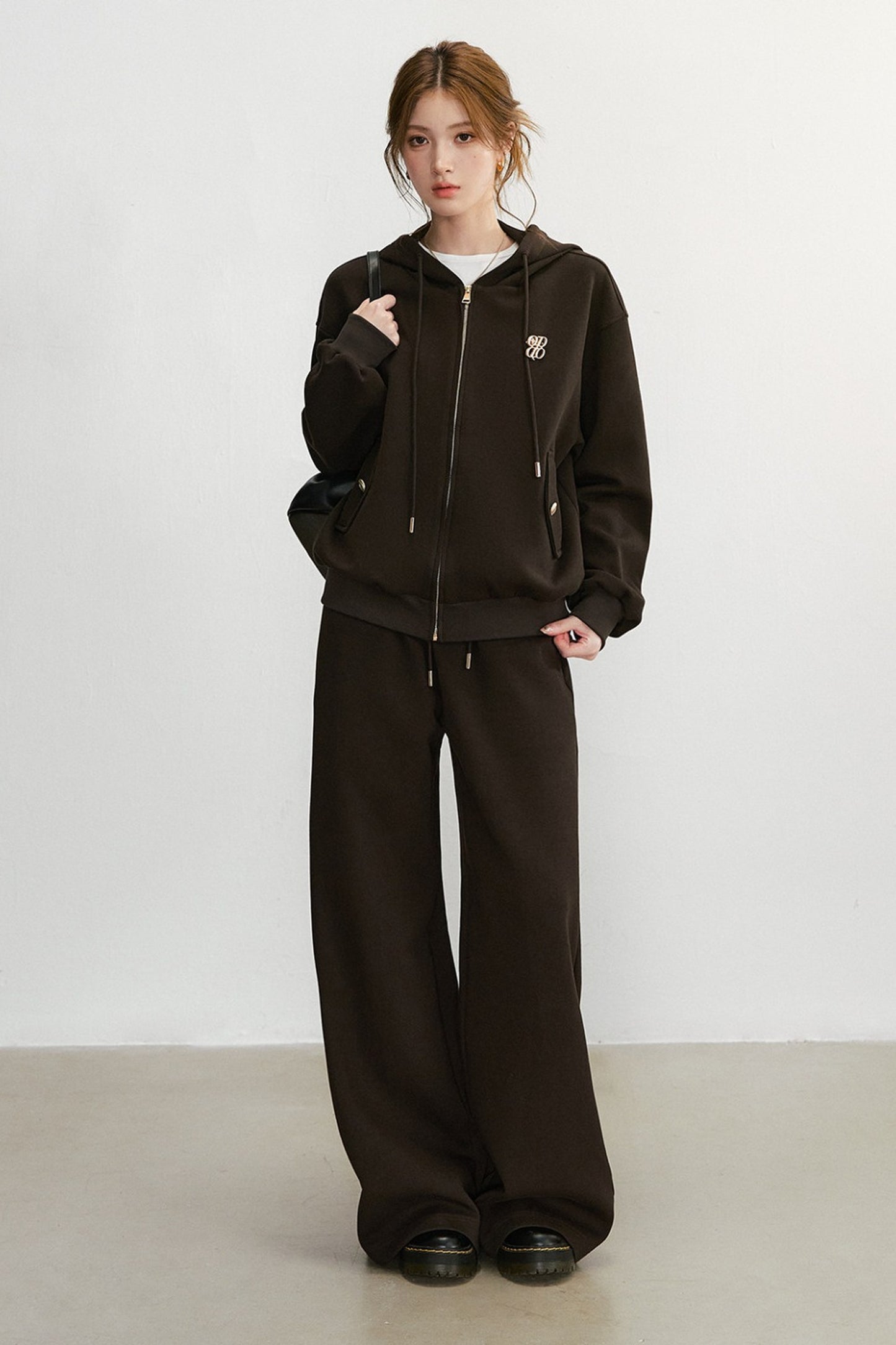 Embroidered Hooded Cardigan Sweatshirt and Wide-Leg Pants Set-Up