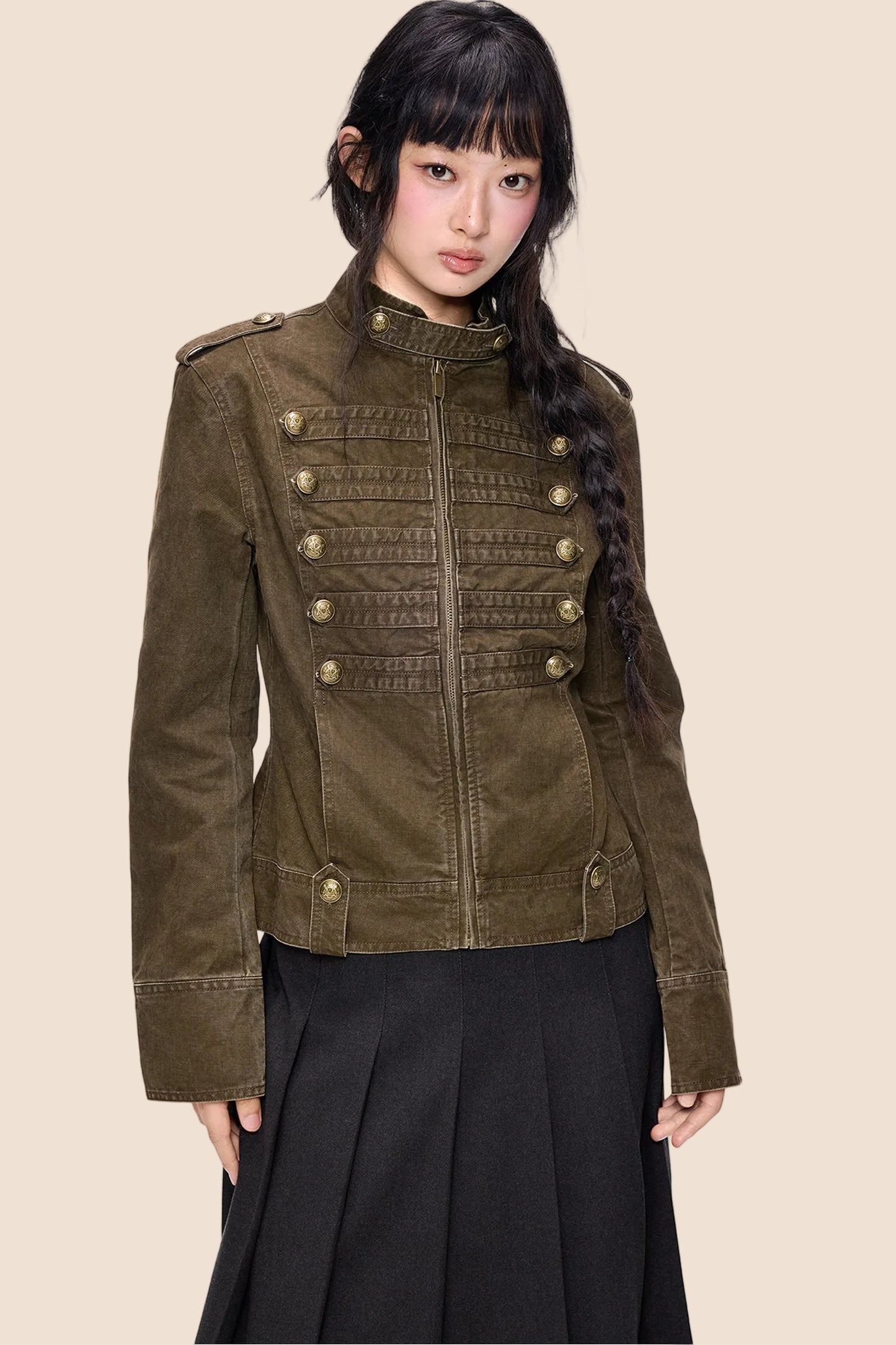 Double-Breasted Stand-Up Collar Short Denim Jacket