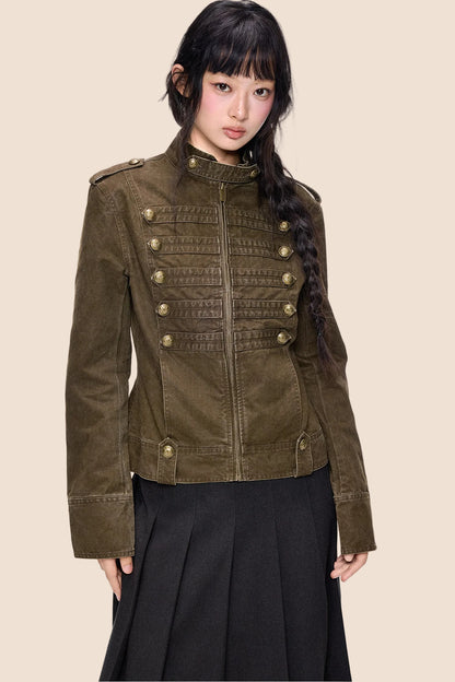 Double-Breasted Stand-Up Collar Short Denim Jacket