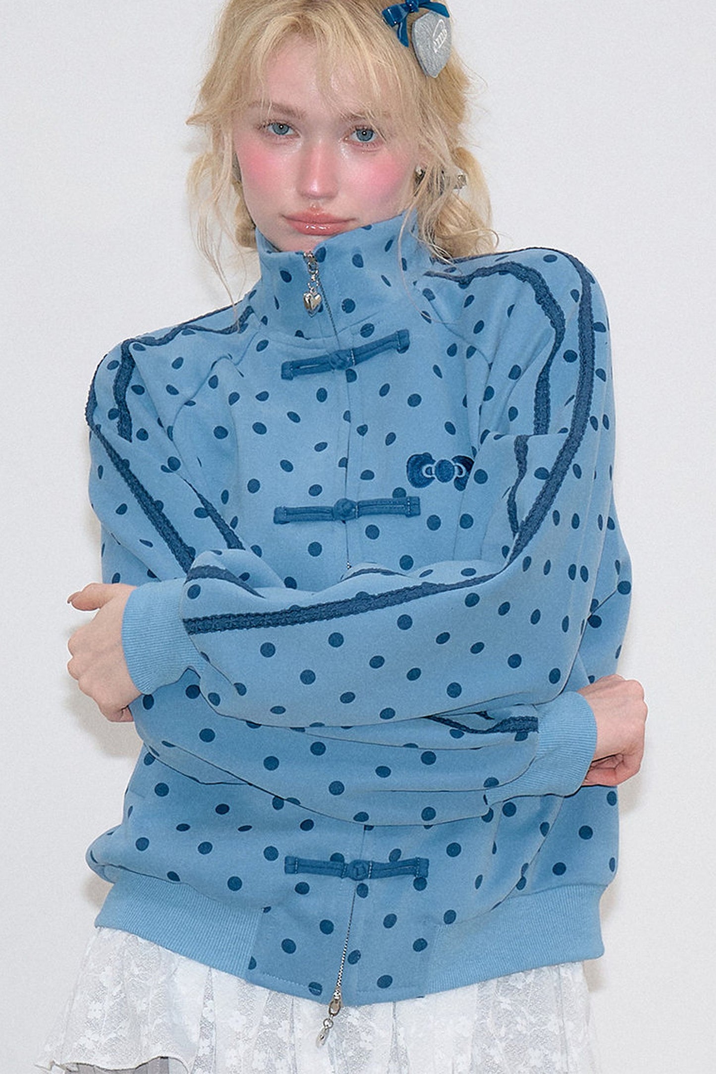 Blue Polka Dot Zipper Hoodie Jacket