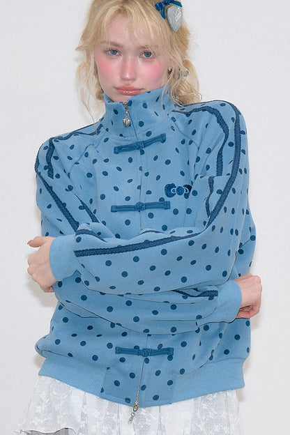 Blue Polka Dot Zipper Hoodie Jacket