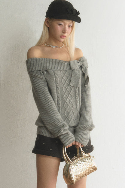 Off-Shoulder Bowknot Cable Knit Top and Pants Set-Up