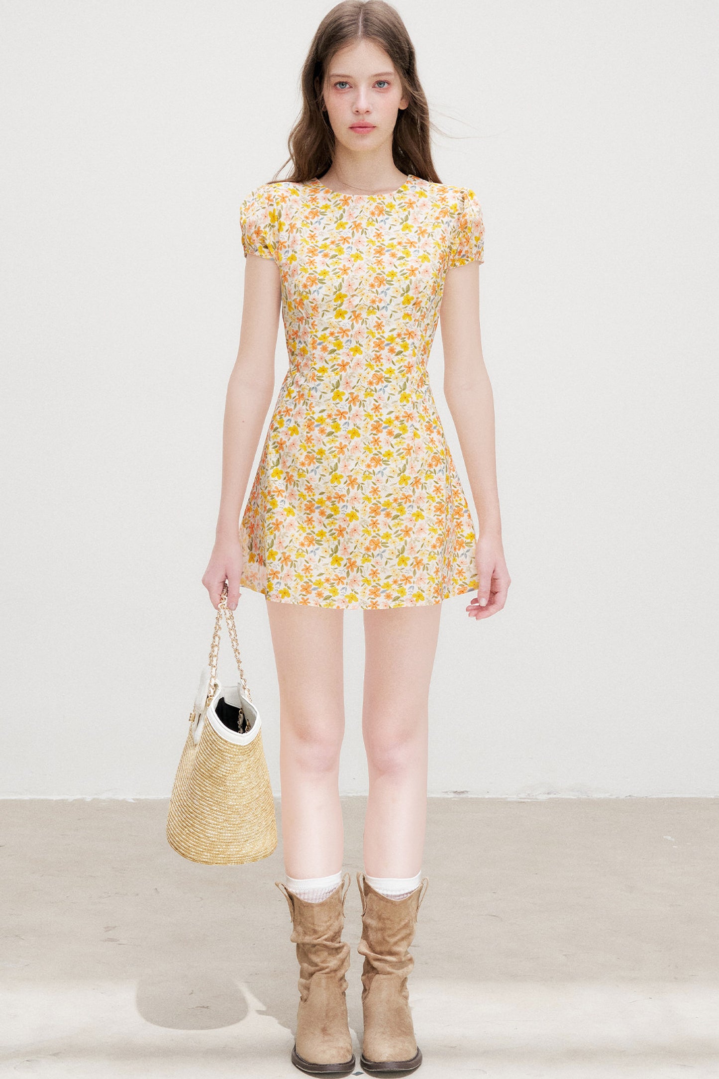 Warm Floral Puff Sleeve Dress