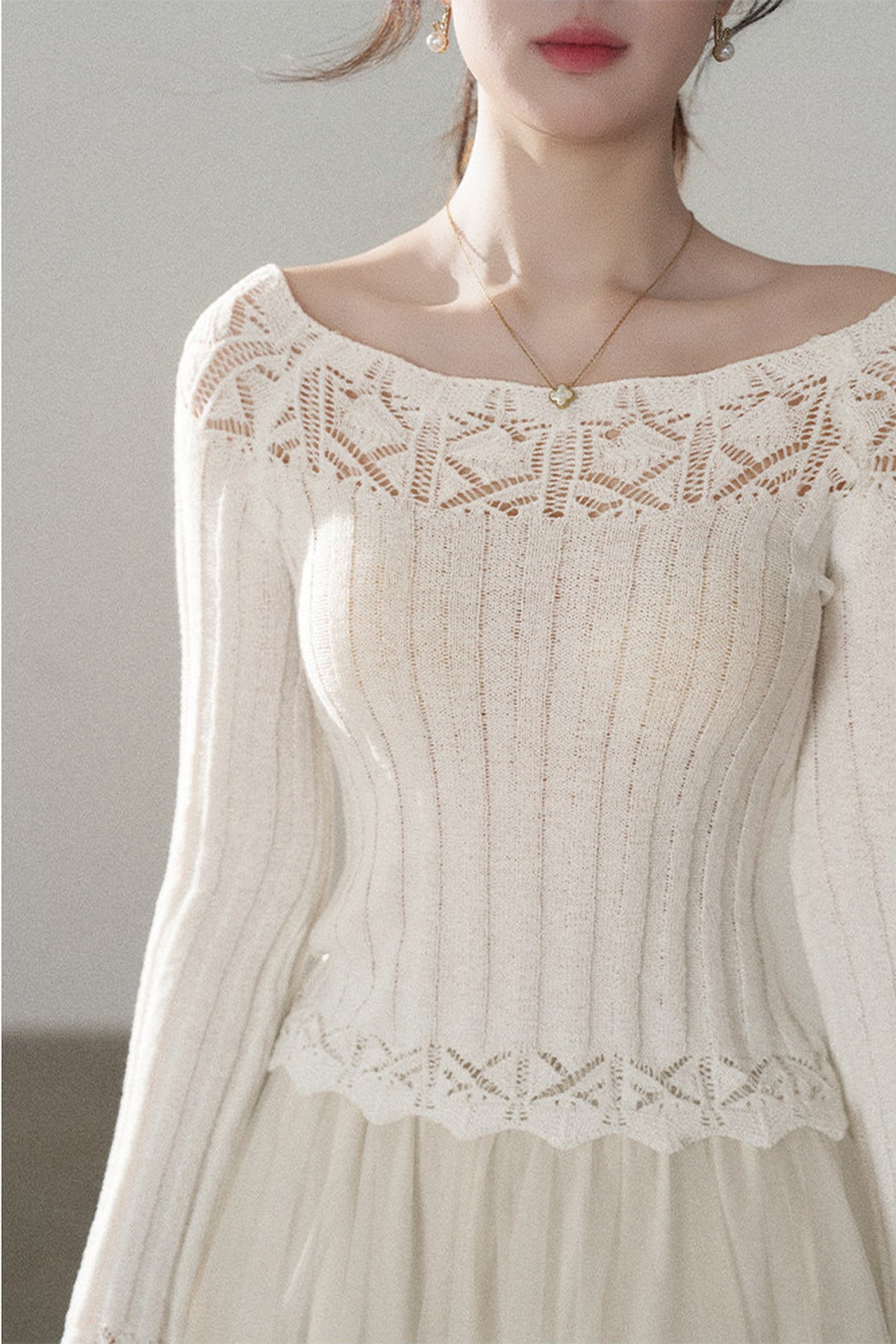 Off-Shoulder Lace Hollow-Out Knit Pullover