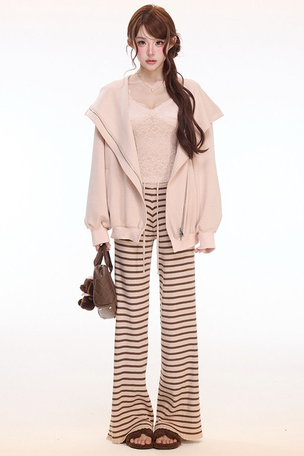 Hooded Sweatshirt Jacket Lace Camisole Knitted Striped Pants Set-Up