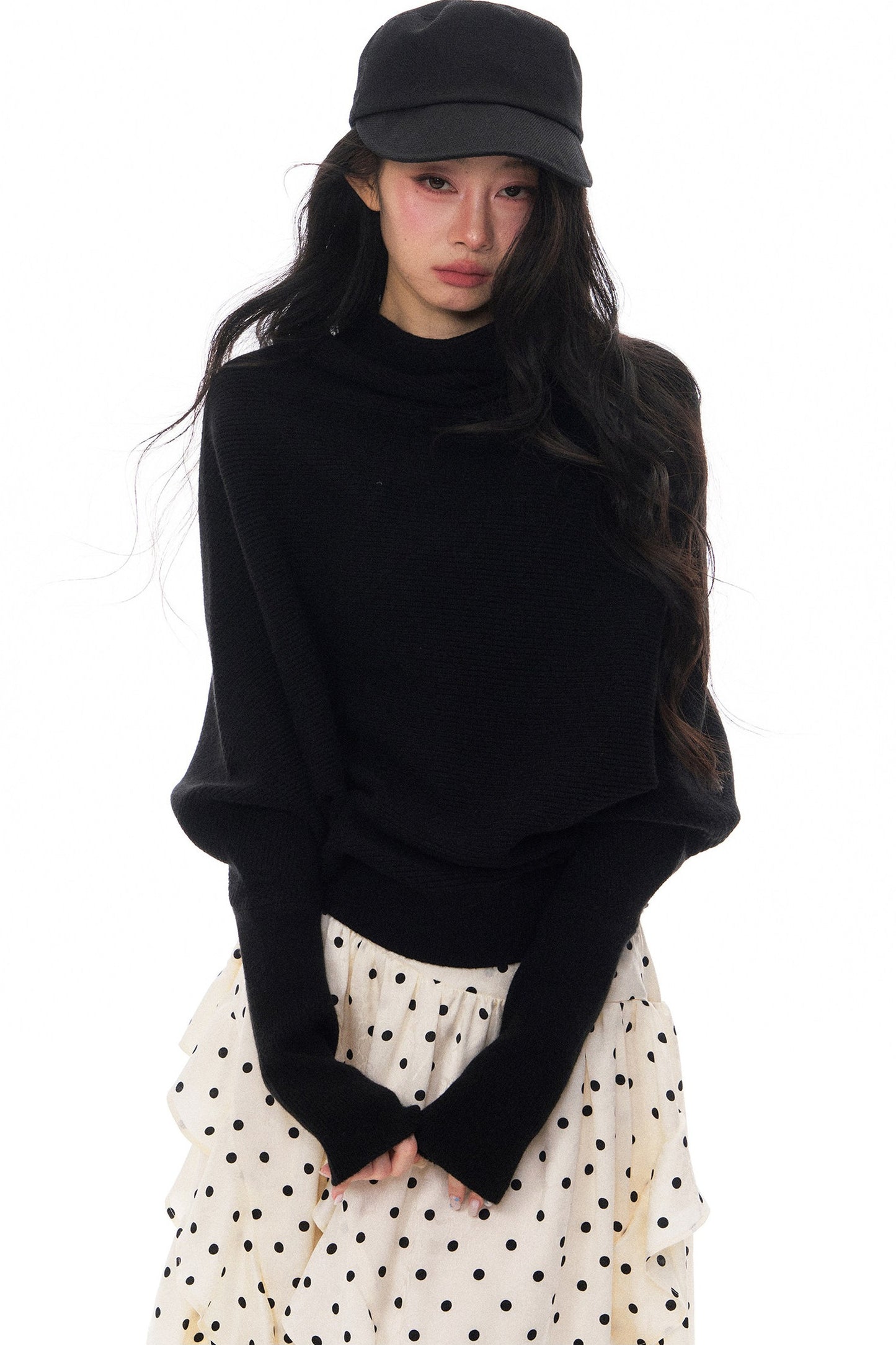 Batwing Knit Top and Polka Long Skirt Set-Up