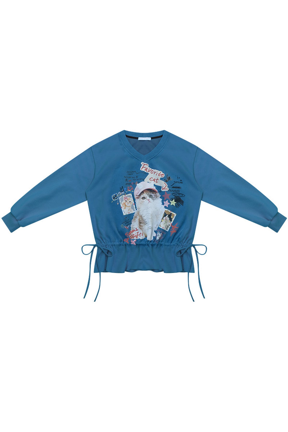 Cat Print V-Neck Drawstring Hem Sweatshirt