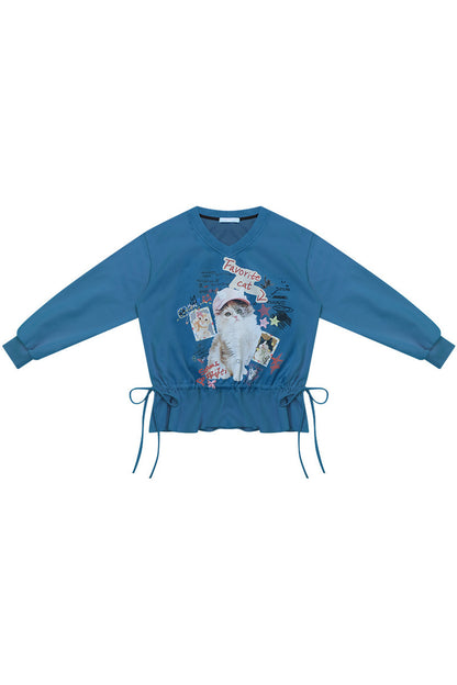 Cat Print V-Neck Drawstring Hem Sweatshirt