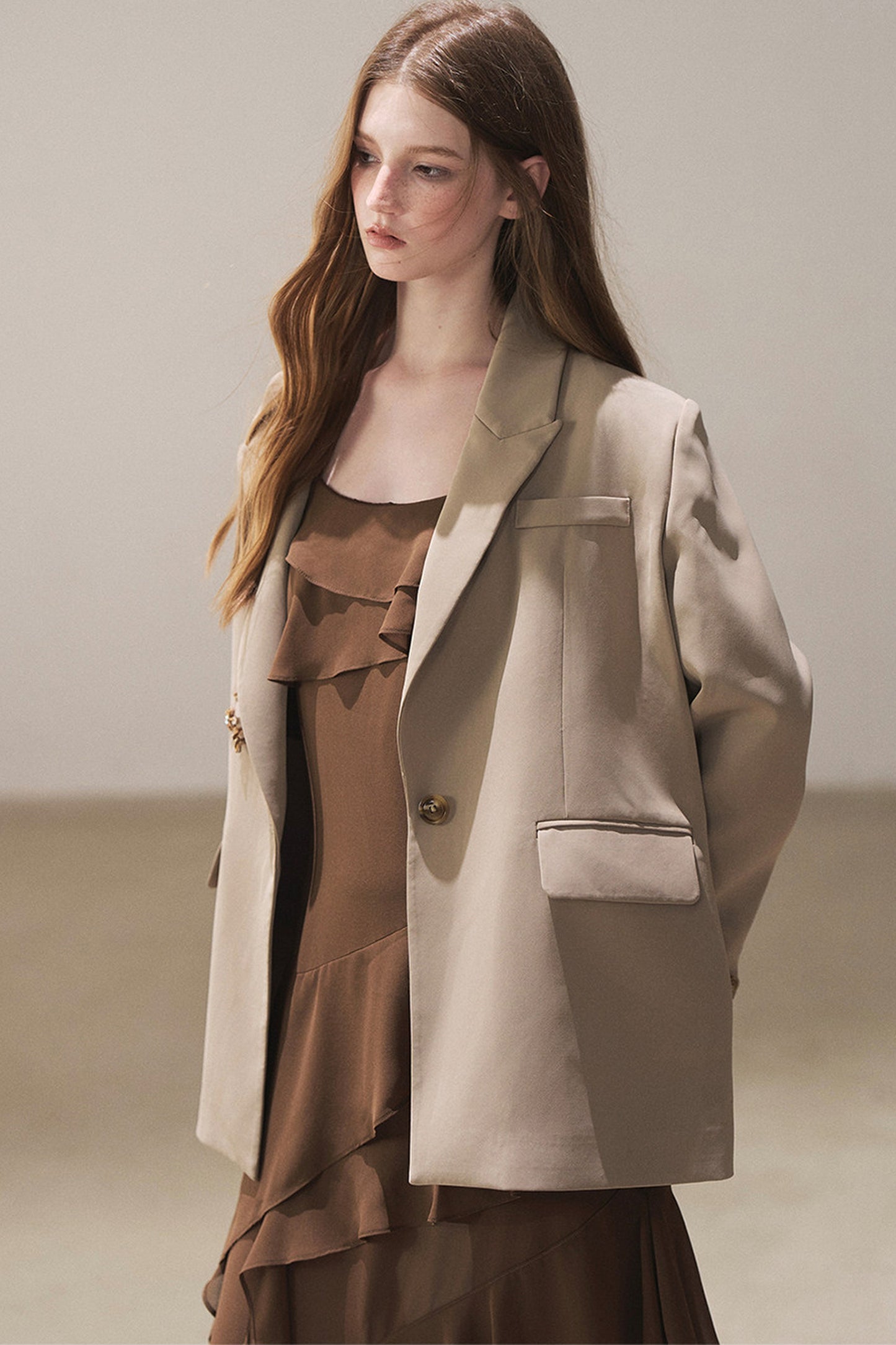 Beige Blazer With Brown Ruffle Spaghetti Strap Dress Set-Up
