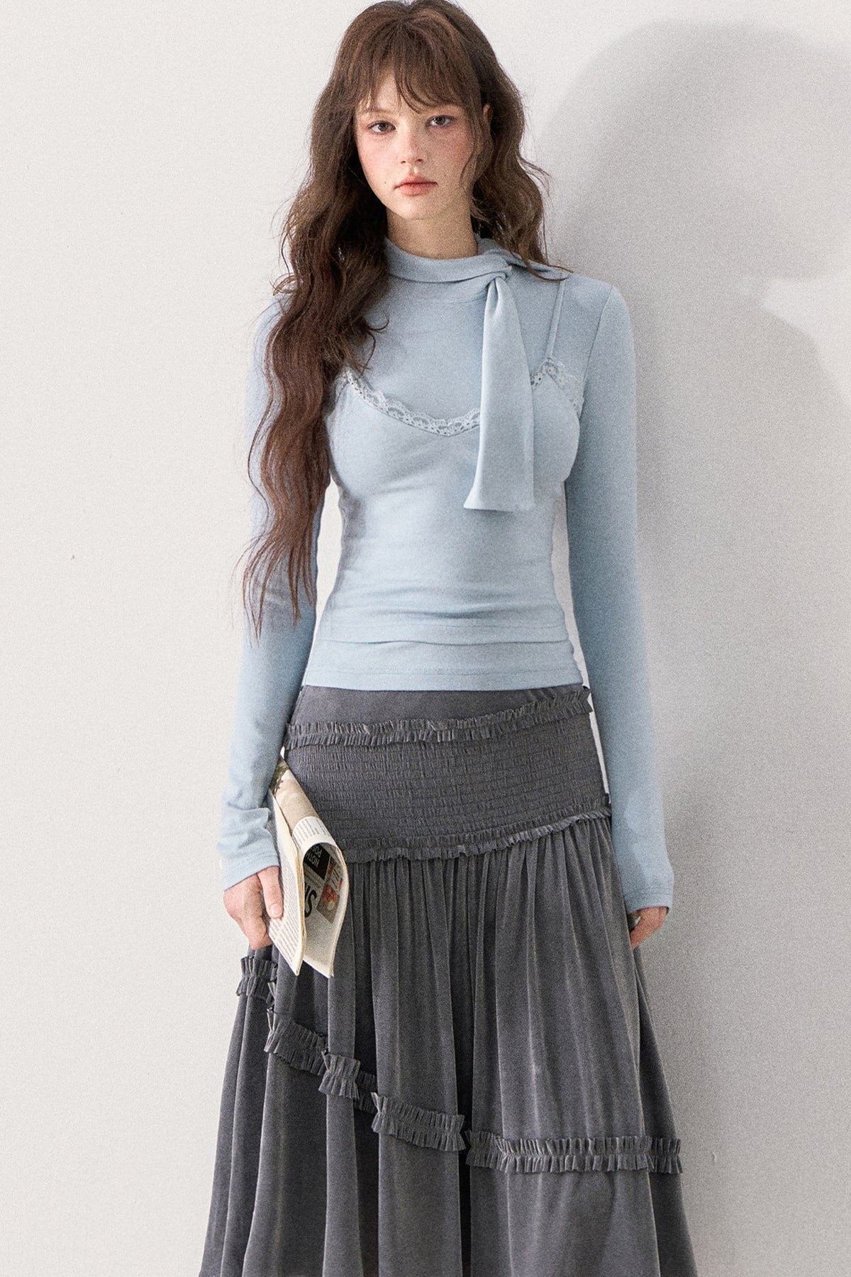 Glacier Blue Lace Strap Layered-Look Knit Top