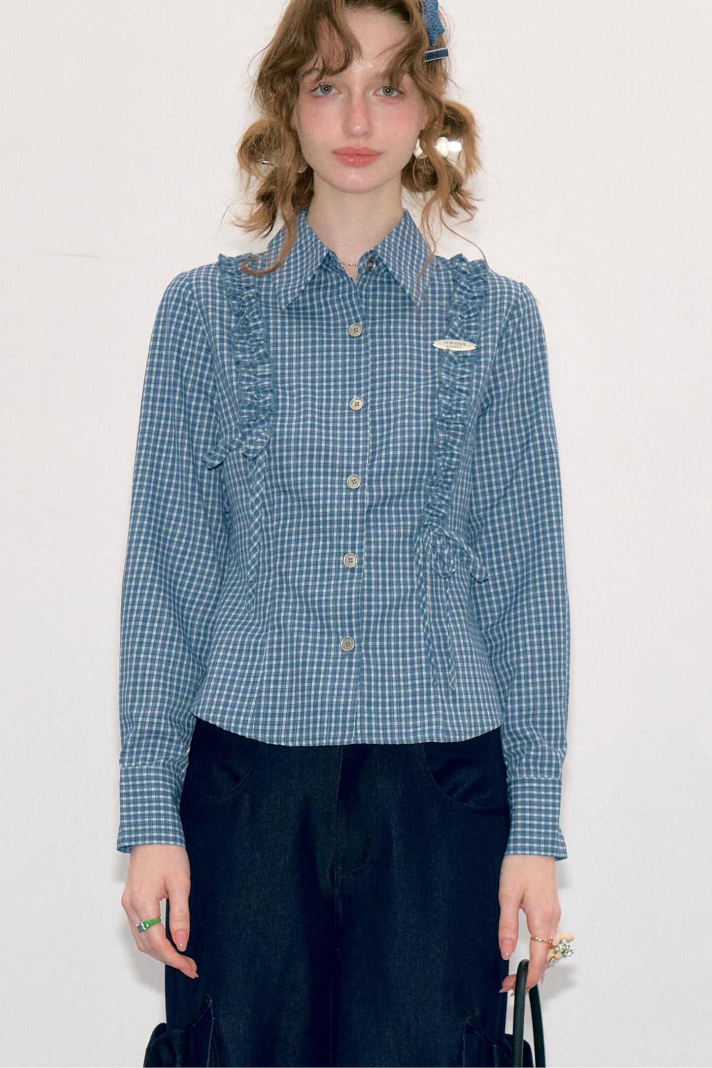 Blue Plaid Slimming Long Sleeve Blouse