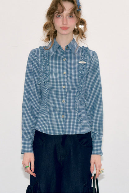 Blue Plaid Slimming Long Sleeve Blouse