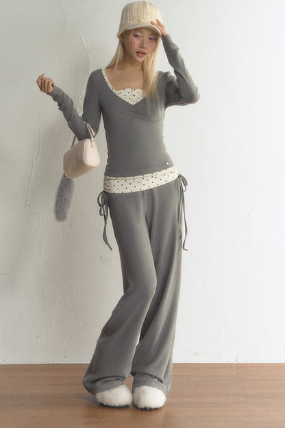 Polka Dot Waist Wide-Leg Pants